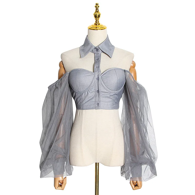 

2021 Summer Designer Independent Aesthetic New Fashion Suit Lapel Bubble Mesh Long Sleeve Hollow Tube Top Stitching Top Women