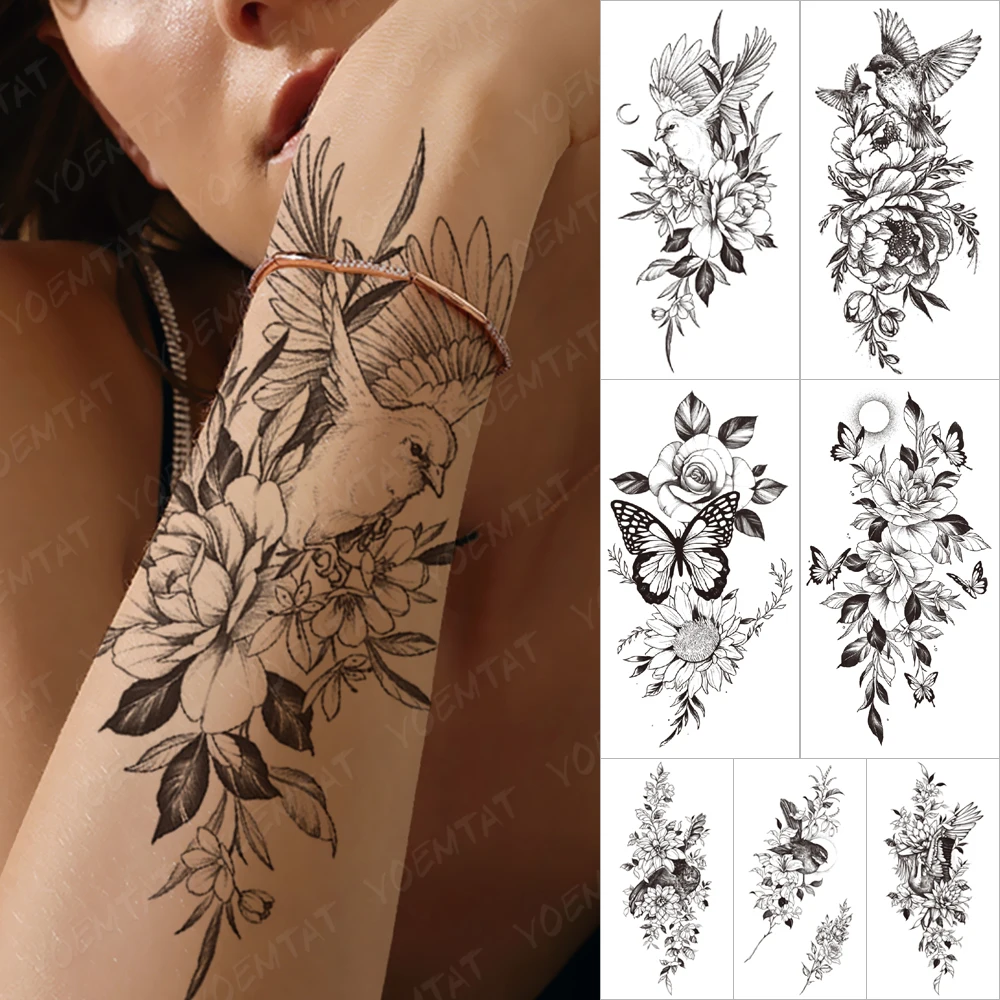 

Waterproof Temporary Sleeve tatooo Sticker Sparrow Flower Jasmine Simplicity Line tattoos Male Women Body Art Fake tatoo Black