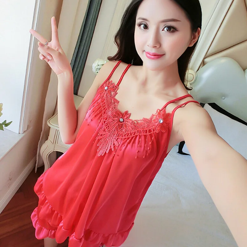 

Summer Women's Sleepwear Female Sexy Spaghetti Strap Nightgown Rayon Nightdress Short Pajamas Set