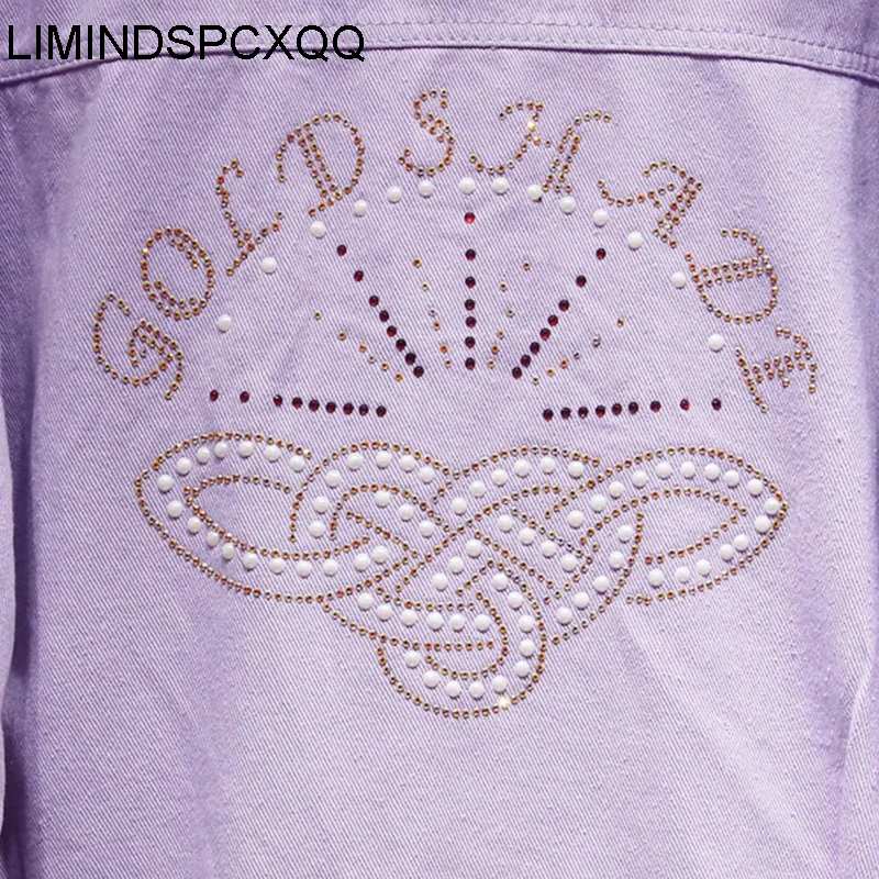 

2021 Autumn Womens Denim Jackets Candy Color Coats Heavy Industry Beading Hot Drill Jeans Clothes Loose Casual Female Outwear