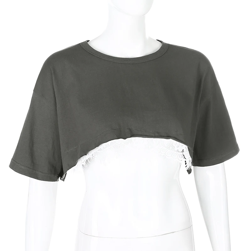 

Streetwear Patchwork Lace Super Short Top Summer Oversized Solid Crop Tops Women 100% Cotton Leisure Basic Tee Shirt2020