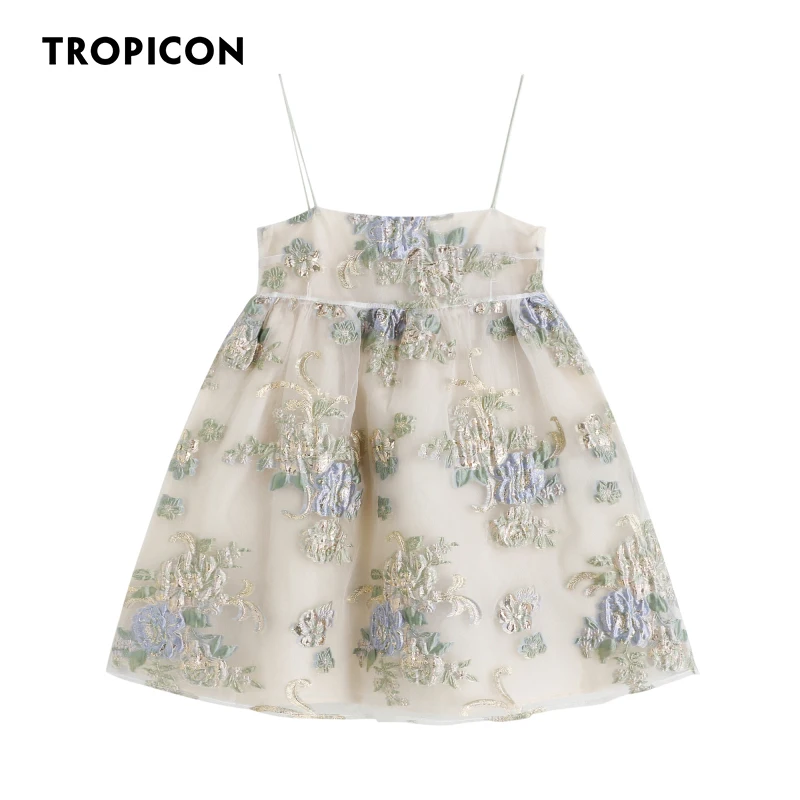 

TROPICON Jacquard Backless Embroidered Slip Dress Women Summer 2021 A Line Ball Gown Spaghetti Strap Cami Dress Fashion Clothes