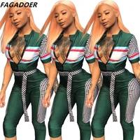 fagadoer racing element patchwork jumpsuit women zip short slevee bodysuit autumn with belt playsuits cool girl fashion street