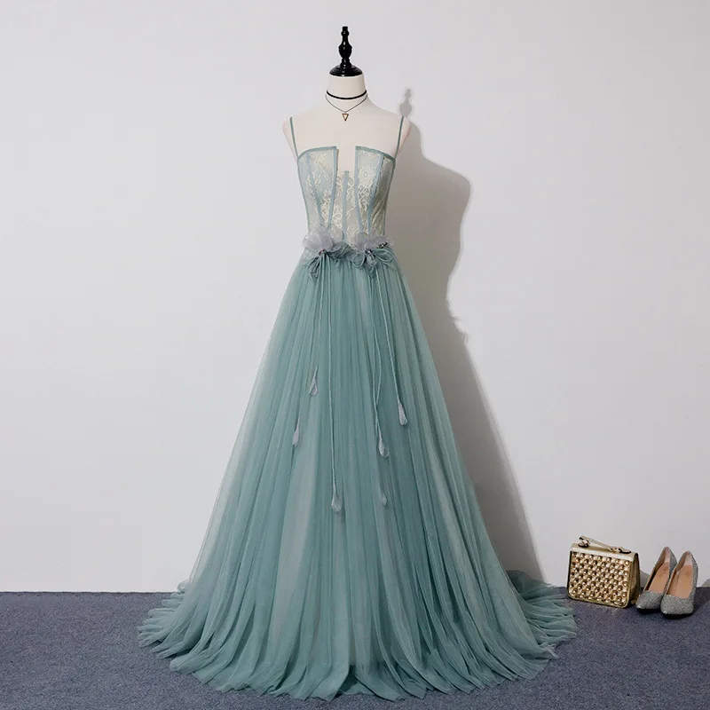 

Evening Dress Spaghetti Strap Empire Appliques Backless Square Collar Luxurious A-Line Floor-Length Party Formal Gown Woman B551