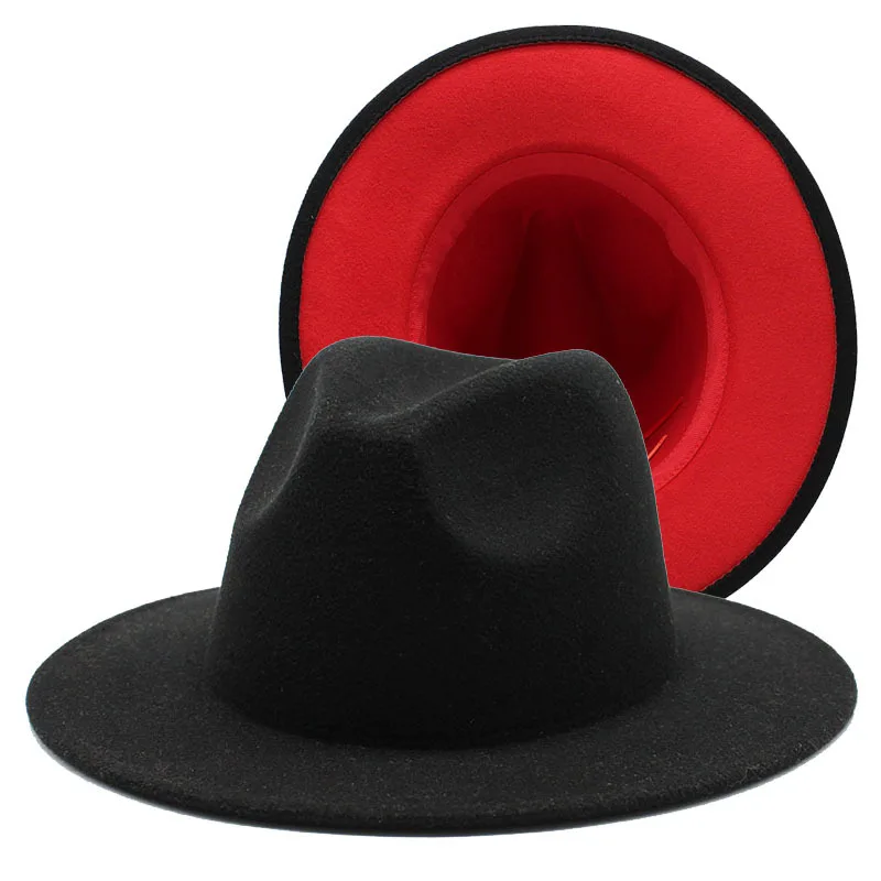 

56-61cm Mens Women Black Red Patchwork Wool Felt Floppy Jazz Fedoras Hats with Ribbon band wide brim Panama trilby Formal hat