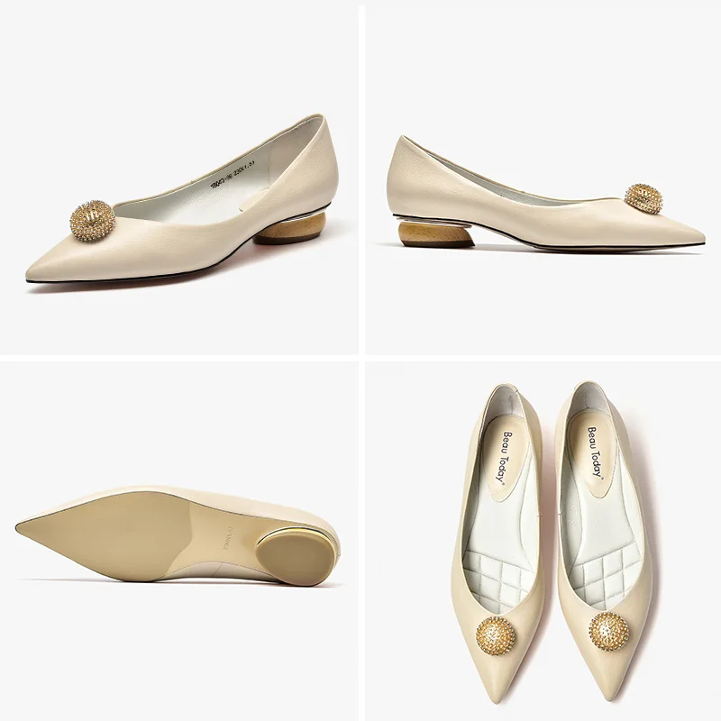 

BeauToday Pumps Women Calfskin Genuine Leather Crystal Bead Pointed Toe Slip On Low Heel Ladies Shallow Shoes Handmade 18043