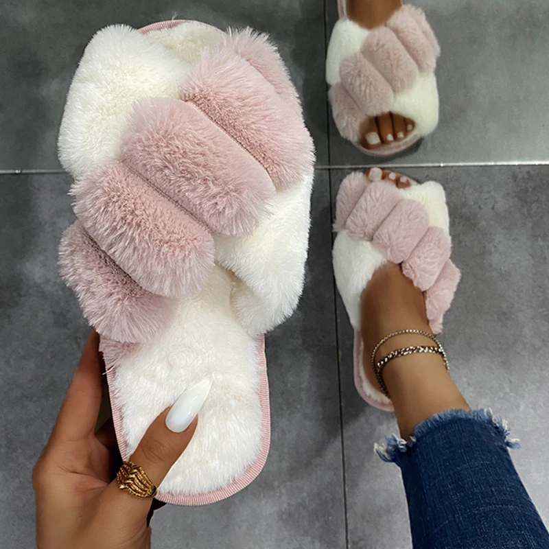 

Female Slippers Furry Shoes Winter Home Slides Women New Plush Mixed Colors Flip Flops Shoes Ladies 2021 House Fur Slippers
