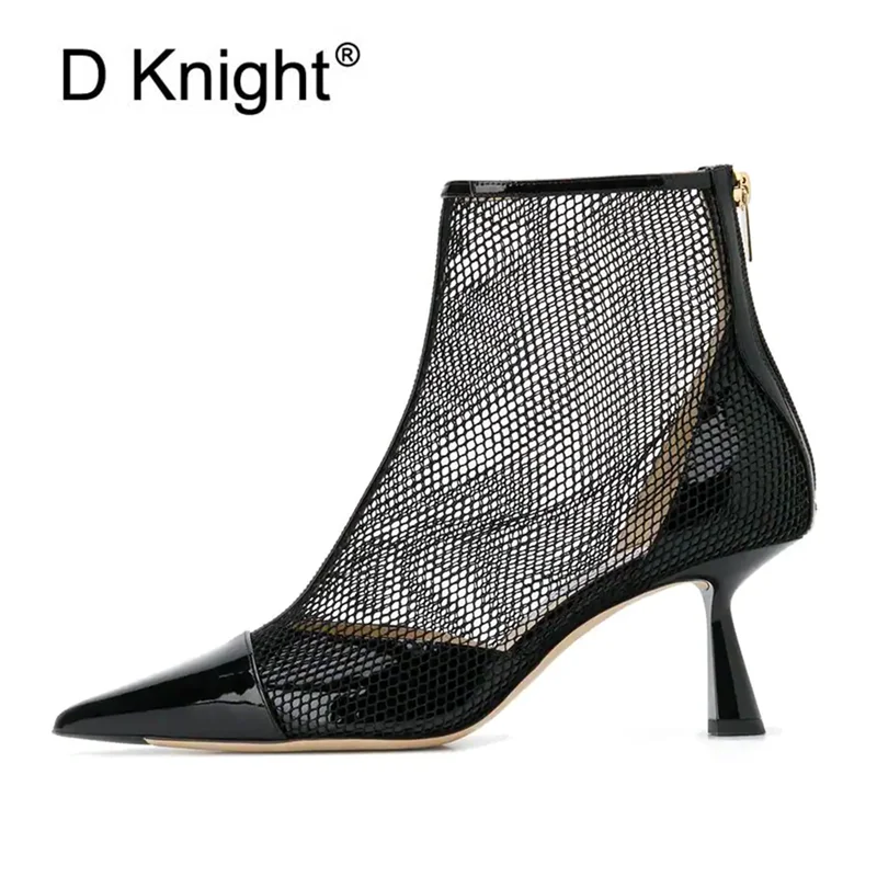 2020 г. Летние женские ботинки с сеткой на высоком каблуке короткие острым носком