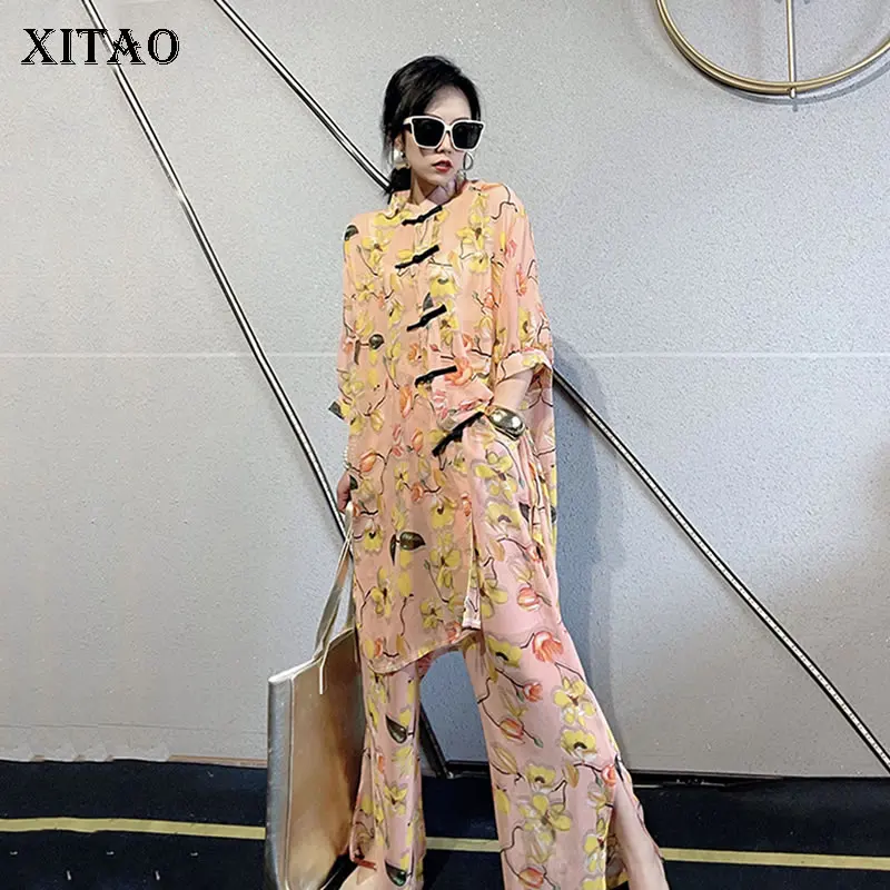 

Комплект штанов XITAO в китайском стиле Женский, модный шифоновый свободный Универсальный костюм Тан с воротником-стойкой и пряжкой, WMD1090, лет...