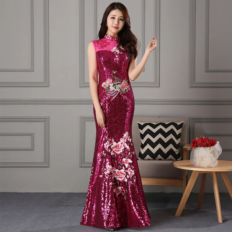 

Женское длинное свадебное платье Ципао, элегантное приталенное платье в восточном стиле для вечерние, XS-3XL