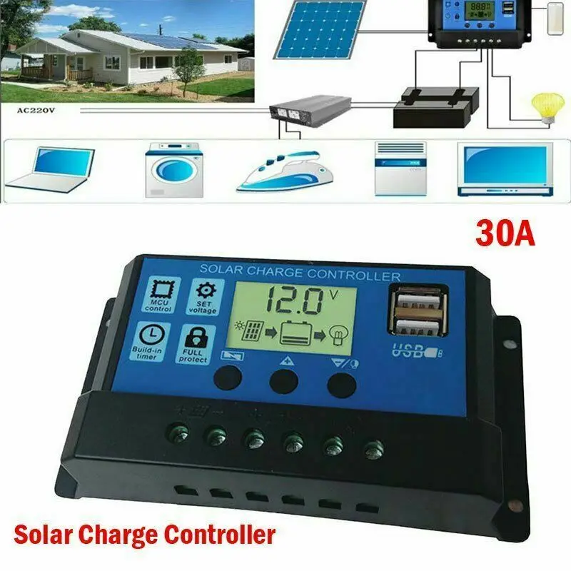 

10-30A Solar Panel Battery Charge Controller 12V/24V LCD Regulator Auto Dual-USB