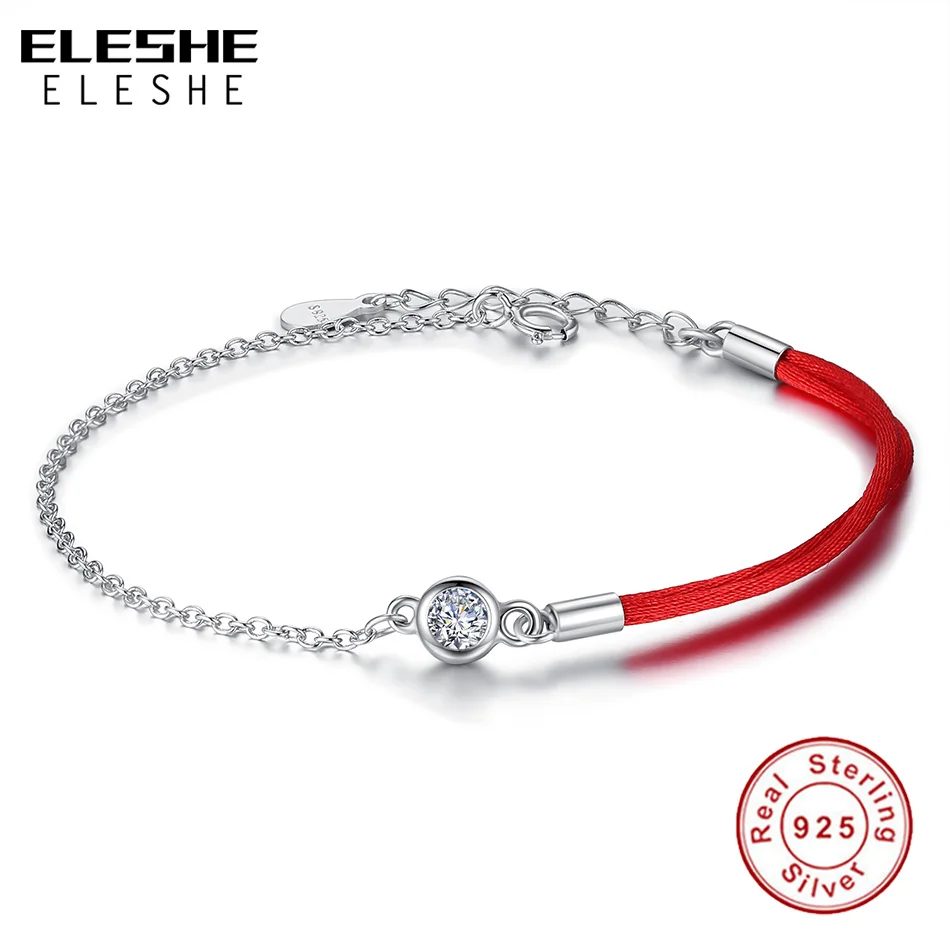 ELESHE простой 100% 925 стерлингового серебра с кристаллами браслет красной нитью