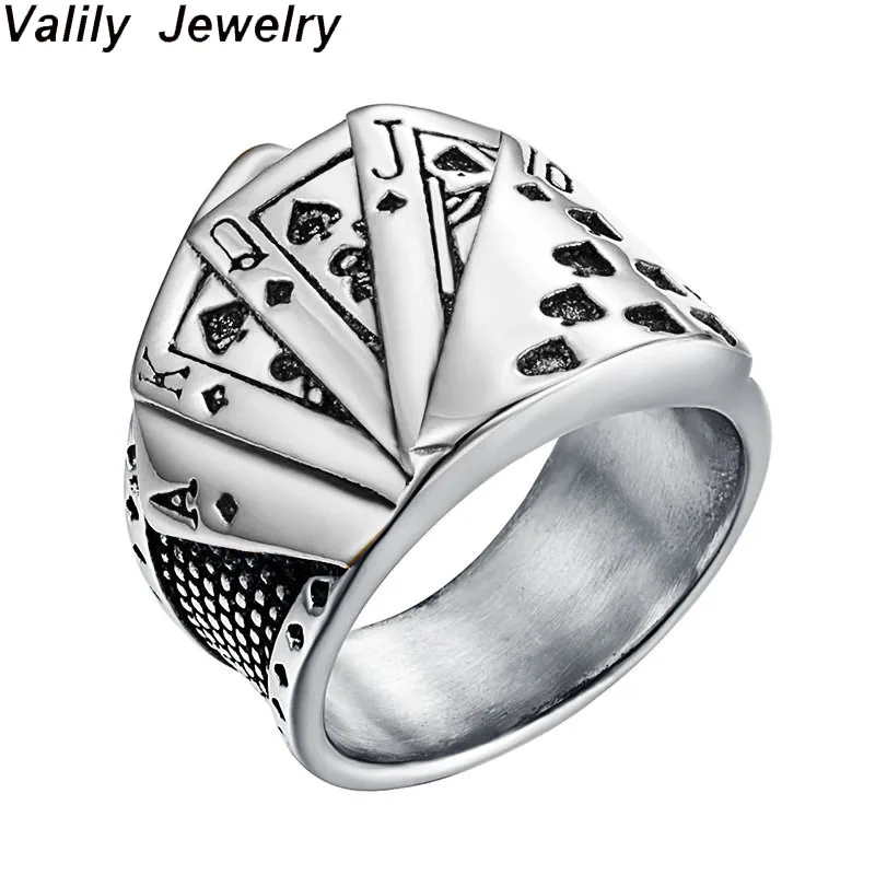 

Valily Men's Stainless Steel Silver--color Spades Royal Flush Poker Lucky Ring for Man Women Poker Ring for Game Lovers