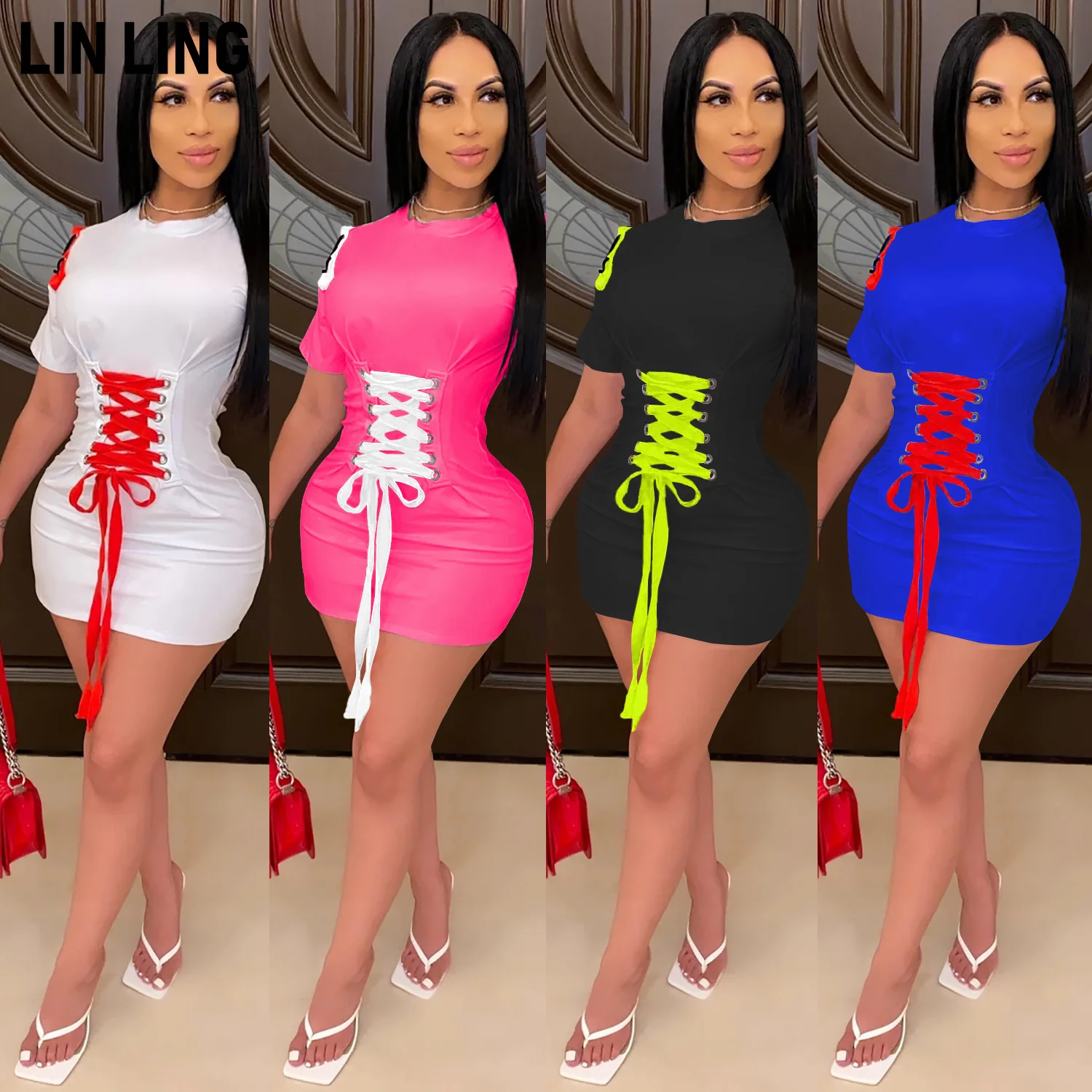 

LINLING Women's Casual O-Neck Asymmetrical Short Sleeve Ruched Stretchy Bodycon Short Mini Dress Dresses for Women