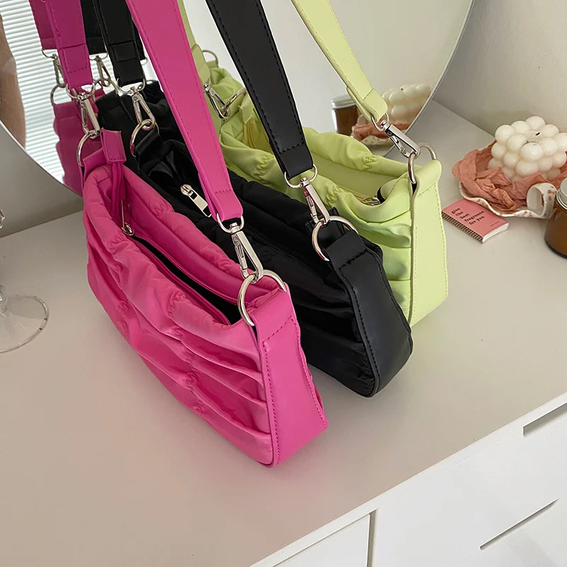 

Fluorescent Colors Women Hobos Baguette Handbags Fashion Pleated Ladies Underarm Shoulder Bags Cool Girls Tote Clutch Purse