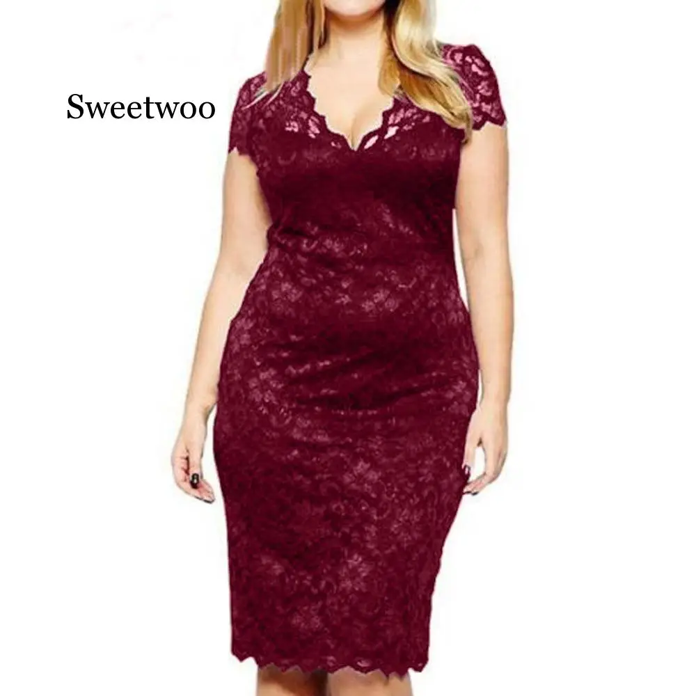 2020 Dress Woman Party Night Fashion Women Sexy Plue size Solid Short Sleeve V-Neck Lace Hollow out vestido | Женская одежда