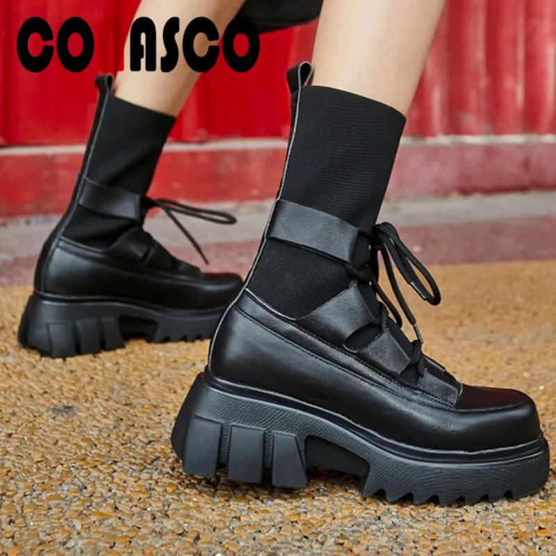 

CONASCO New Fashion Women Mid-Calf Boots Autumn Winter Warm Genuine Leather Casual Elegant Shoes Concise Slipcing Boots Woman