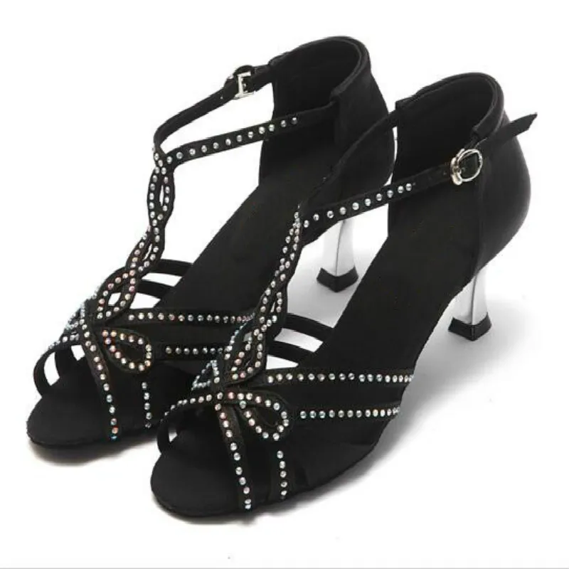 

5.5cm 8.5cm Heel Satin Rhinestones Latin Dance Shoes Ballroom Dance Shoes for Women Metal Heel Performance Shoes for Ladies