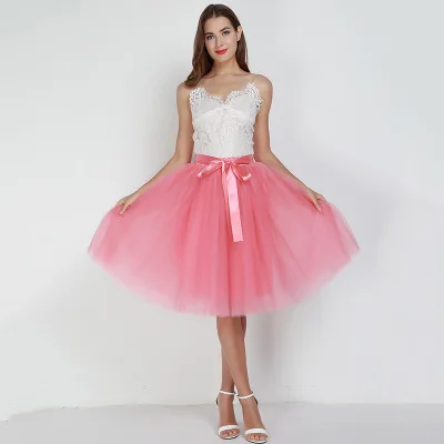 watermelon red 7 слоистых 65 см длиной до колена Тюлевая юбка-пачка Женская эластичная плиссированная юбка с высокой талией бальная юбка для подружки невесты на свадьбу - Цвет: watermelon red