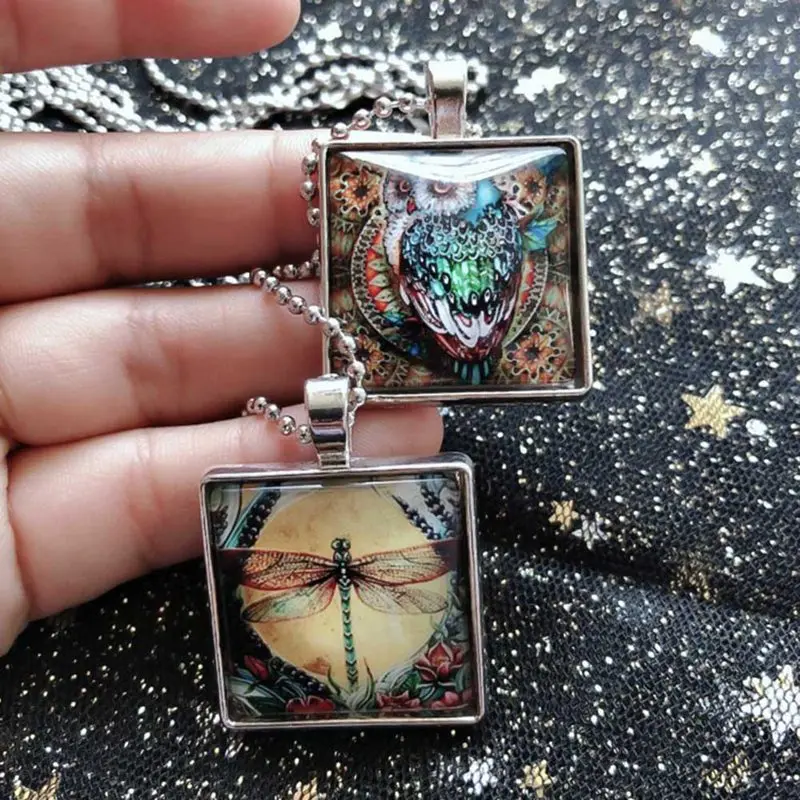 Окрашенная Сова голубое насекомое стрекоза стеклянный кулон ожерелье