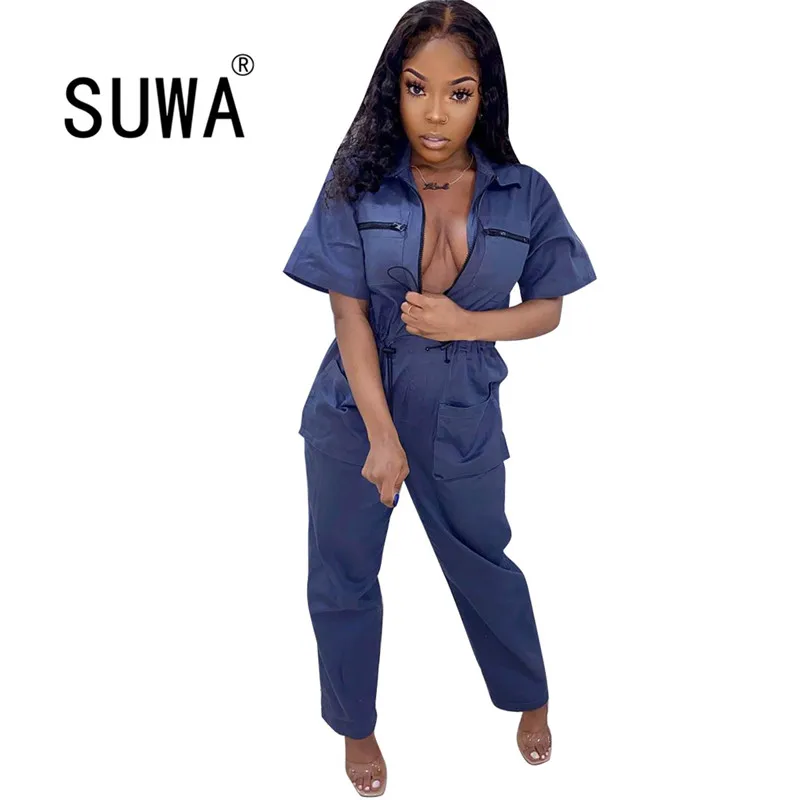 

High street fashion spandex jumpsuit for women 2020 summer clothing short sleeve stacked pants jeans sexy romper