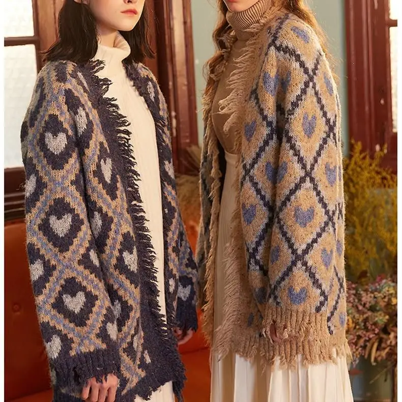 V-Neck Knitted Geometric Plaid Cardigan Women New Loose Plus Size Sweater Coat |