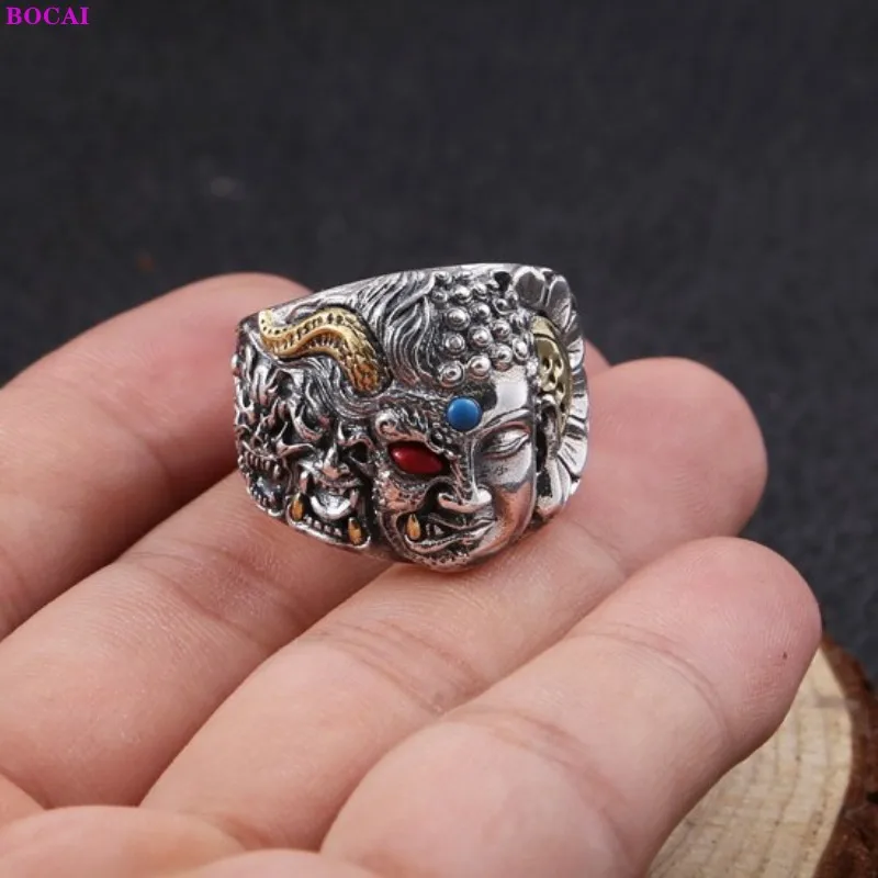 

BOCAI 100% Sterling Silver S925 Rings Fashion Popular Jewelry Buddha And Devil Head Pure Argentum Hand Ornament for Men