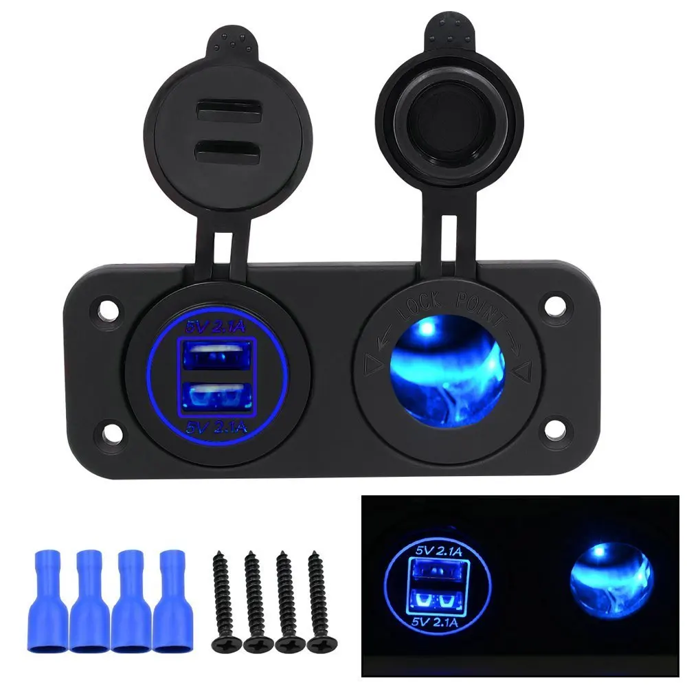 DIY Car 4.2A Dual USB Charger Power Outlet with Led Light and Cigarette Lighter Socket for Car Motor Homes Yacht Boat Etc(Blue