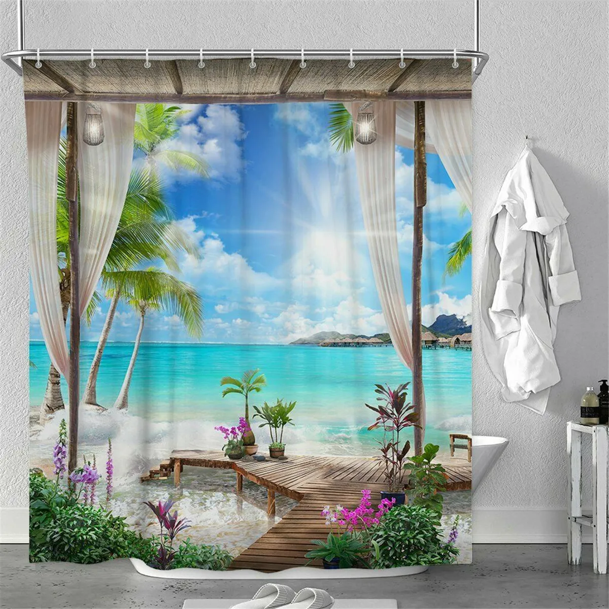 Водонепроницаемая занавеска для душа 3D Sunny Beach с принтом морской пейзаж экран