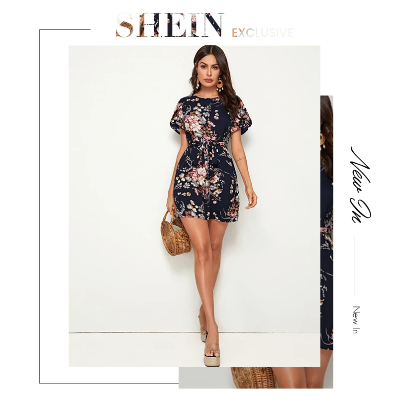 SHEIN темно-синее платье с цветочным принтом, рукав-лепесток, туника с поясом, женское летнее платье с коротким рукавом, прямые богемные короткие платья