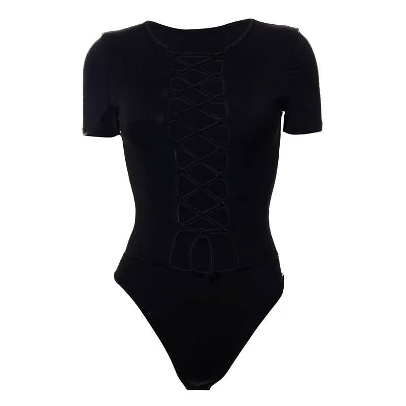

Black One Piece Bodycon Bodysuit Sexy Women O Neck Short Sleeve Hollow out Cross Straps Overalls Female Body Top Skinny Rompers