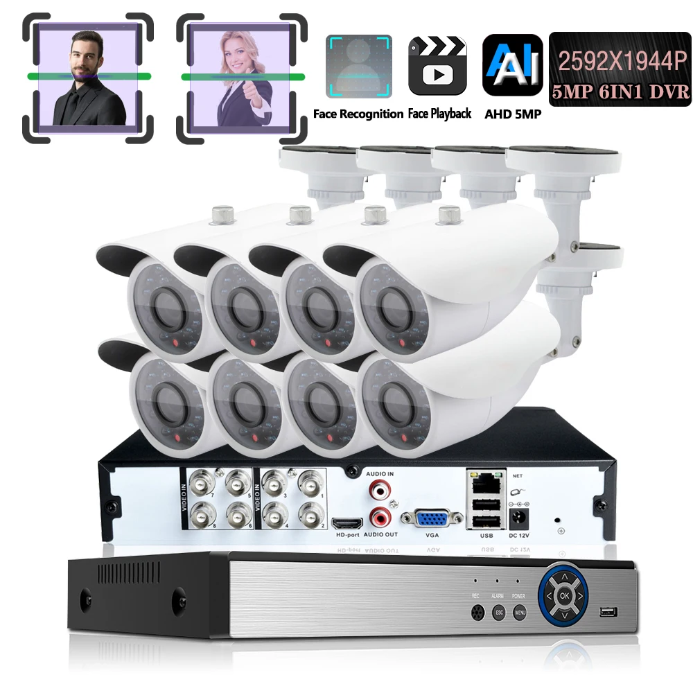 

Home Security CCTV Camera System Surveillance Kit 8CH CCTV XVR NVR AHD Face identification DVR 2592P 5.0MP white Metal Camera