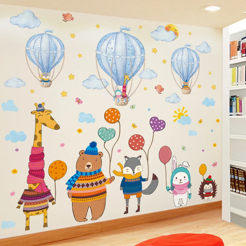 

[shijuekongjian] Cartoon Animals Wall Stickers DIY Hot Air Balloons Clouds Wall Decals for Kids Rooms Baby Bedroom Decoration
