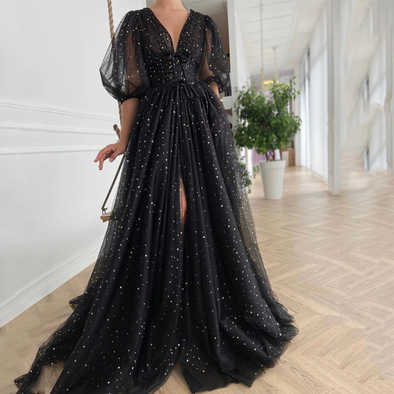 New Arrival V-Neck StarryTulle Half Puff Black Sparkly Night Slit Silver Stars Prom Dress Long Formal Evening Party Gowns