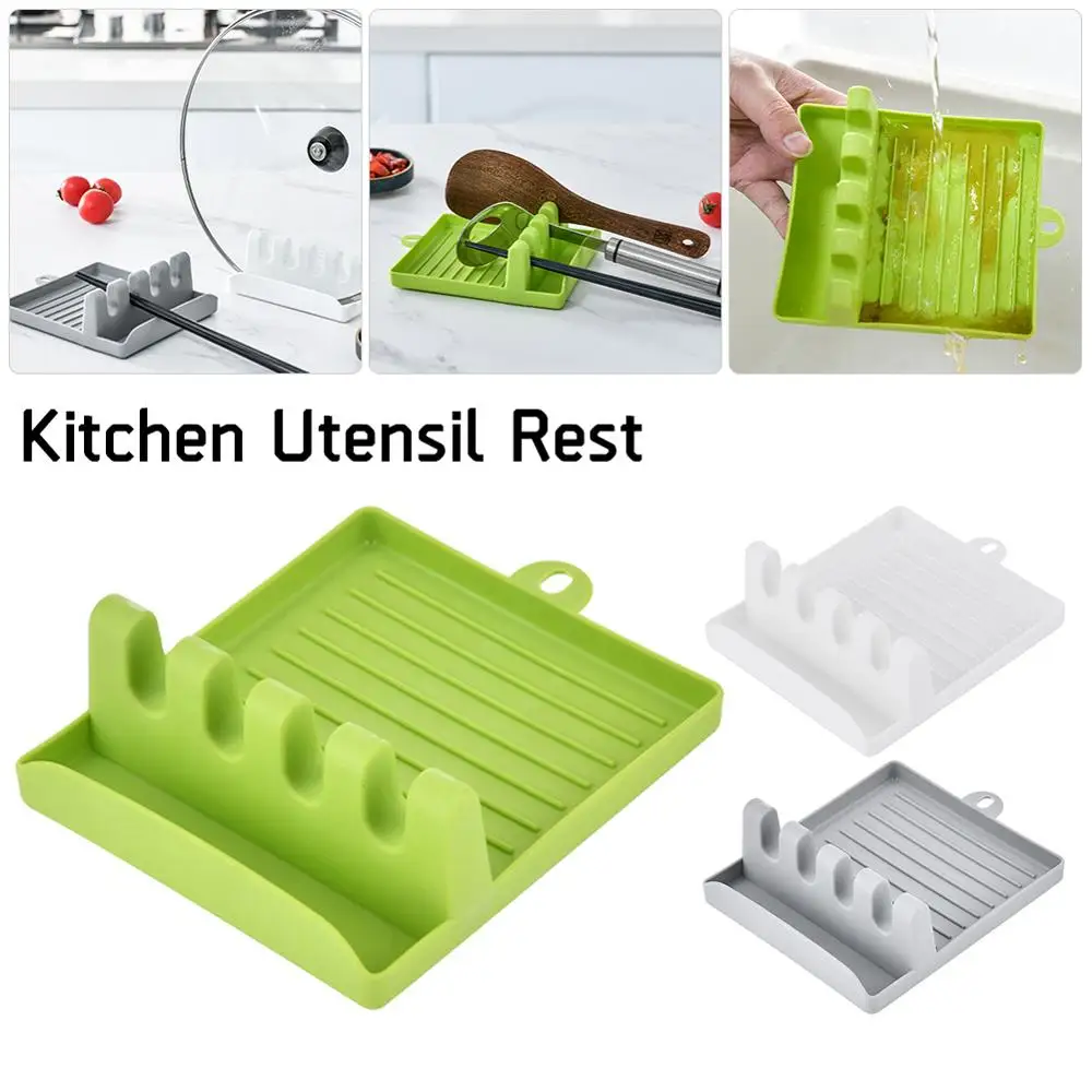 

New Silicone Spoon Rest Heat Resistant Kitchen Utensil Holder Storage Organizer Black/Gray/Green
