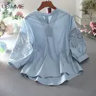 Бесплатная доставка, женская рубашка, летняя, темпераментная, выдолбленная, цельный комплект, v-образный вырез, асимметричный подол, рукав-фонарик, повседневные рубашки