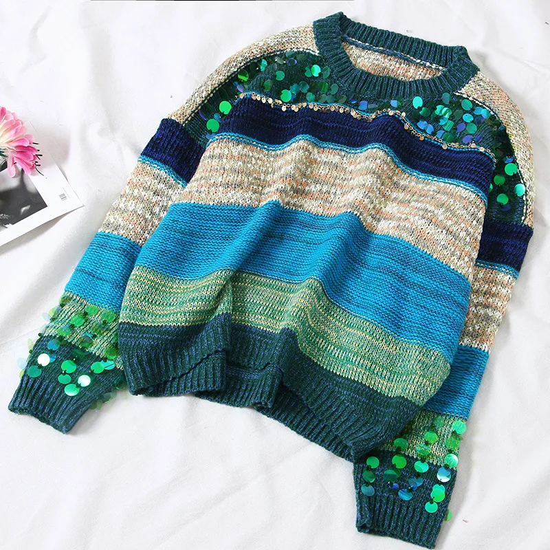 Женский вязаный свитер 2020 Корейская версия тяжелой промышленности полосатый