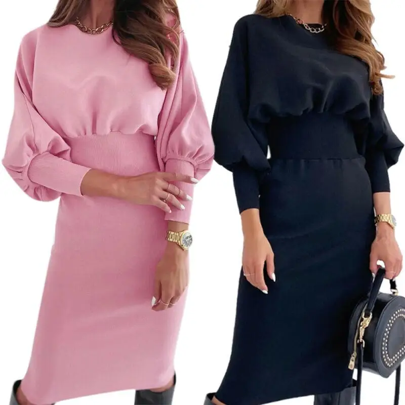 Женское платье элегантное облегающее однотонное с рукавами-фонариками круглым