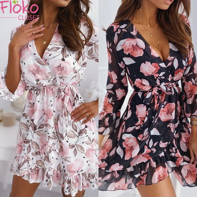 

Flokocloset V-Neck Print Ruffle Short Dress Casual Summer Chiffon Bohemian A-LINE Club Party Mini Dresses 2021 Elegant