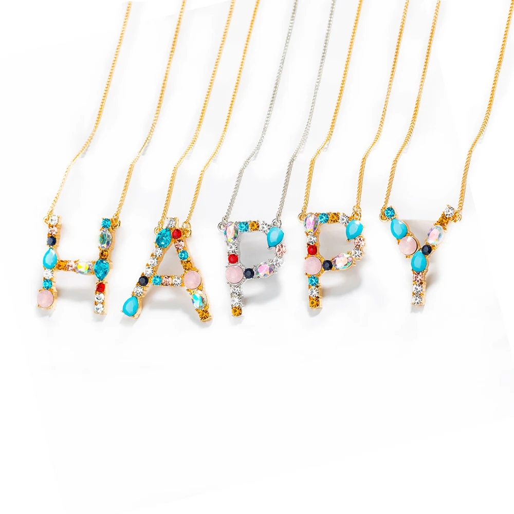 

5pcs/lot Gold Plated Rhinestones 26 letters A - Z Pendant Necklace English Alphabet Chains For Women Jewelrys Gift