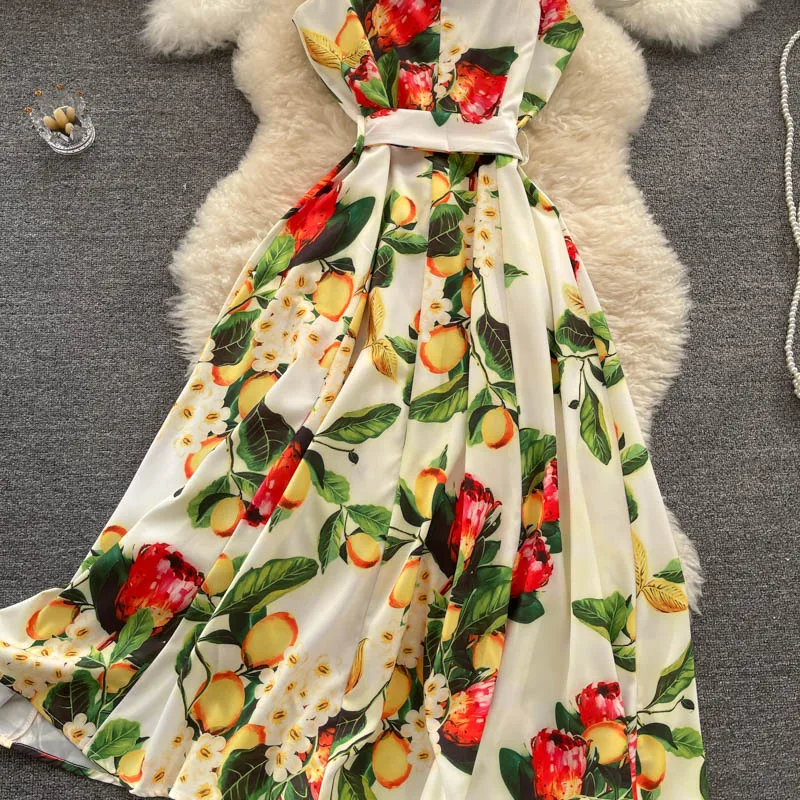 

High Quality 2021Summer Elegant Women Sleeveless Floral Print A Line Waist Belt Dress Fashion Ladies Vacation Party Dresses