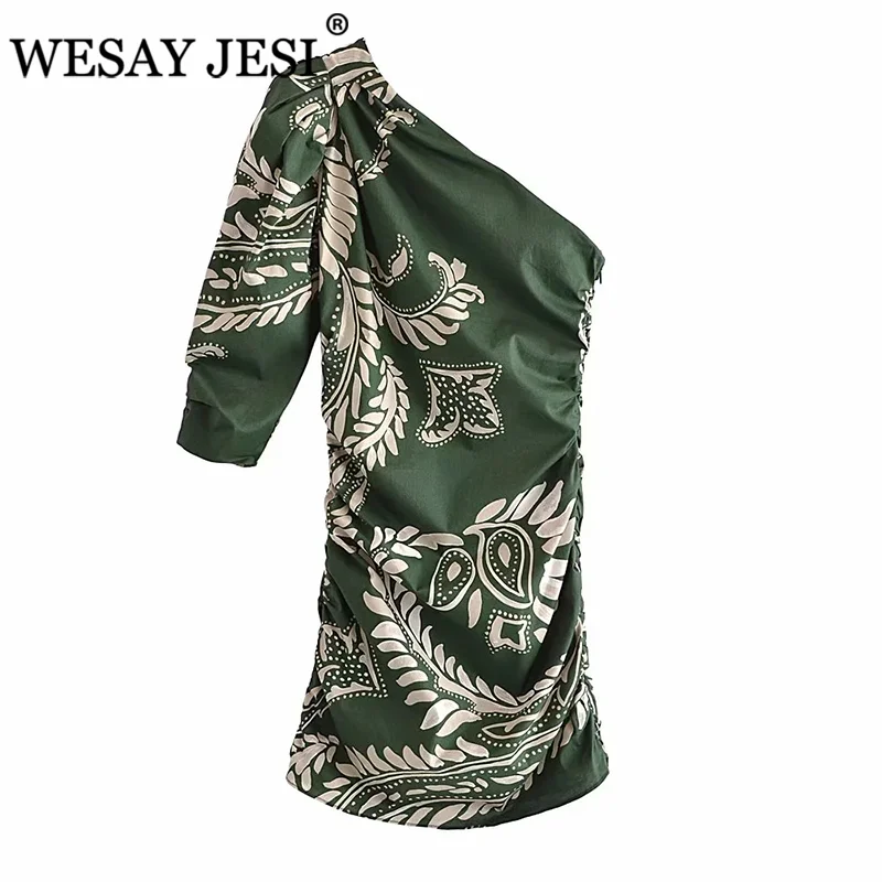 

WESAY JESI Women Clothing TRAF ZA Dress Women Green Print Mini Dresses Asymmetric One Shoulder Dress Ruched Short Ladies Dresses