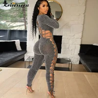 kricesseen sexy gray bandage skinny long pant jumpsuit new women long sleeve back lace up night clubwear one piece rompers