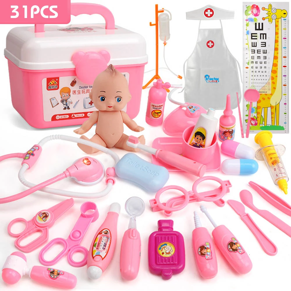 31PCS Pink 21-39 шт., детские игрушки для ролевых игр, набор для доктора, медицинский набор для моделирования с портативным чемоданом, игрушки для ролевых игр для девочек, инструмент для зубного врача - Цвет: 31PCS Pink
