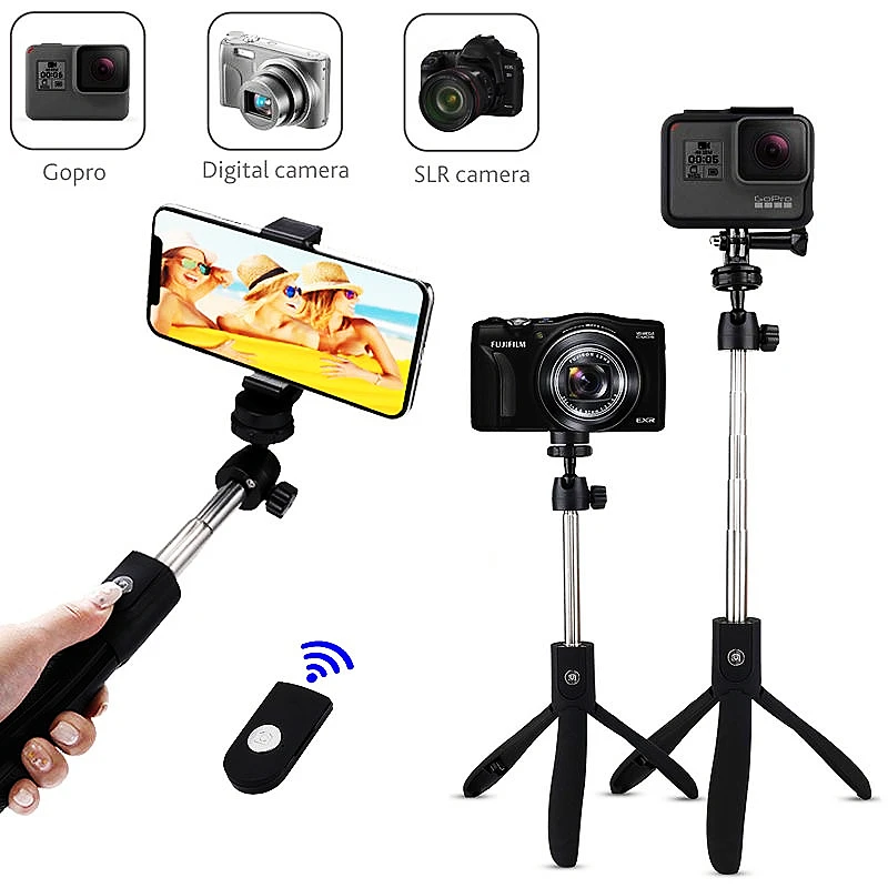 

New 3 In 1 Selfie Stick Phone Mini Tripod Extendable Monopod With Bluetooth Remote Smartphone Live Pole For Sports Action Camera