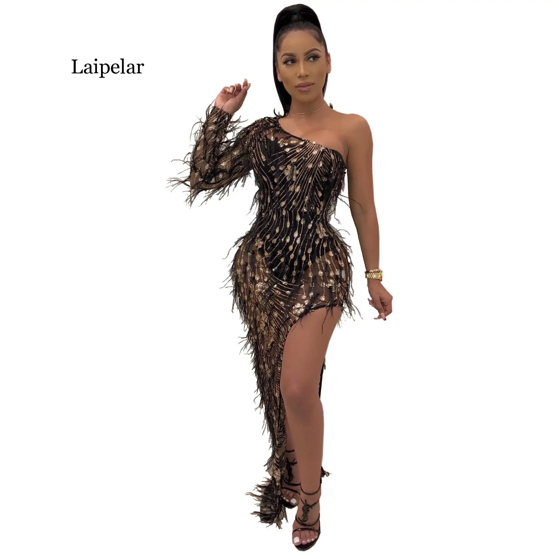

Mesh Feather Beaded Spliced Party Dress Women One Shoulder Single Sleeve Bodycon Dress Elegant Backless Perspective Maxi Dress