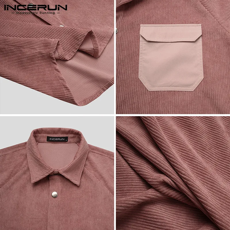 

INCERUN 2021 Men Corduroy Shirt Patchwork Lapel Pockets Casual Long Sleeve Blouse Button Streetwear Vintage Camisa Masculina 5XL