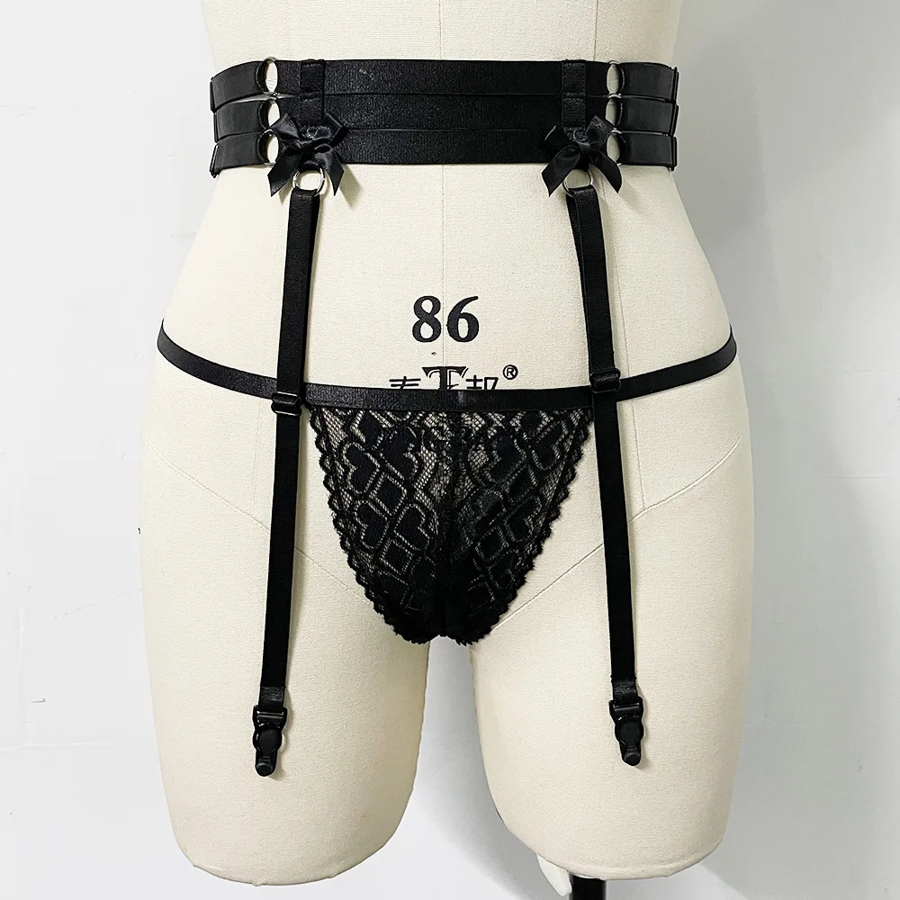 Black Bow Harness Garter Belt Elastic Lace Pantie G-String Sexy Lingerie Hollow Body Cage Goth Rave Bondage Body Harness Garters
