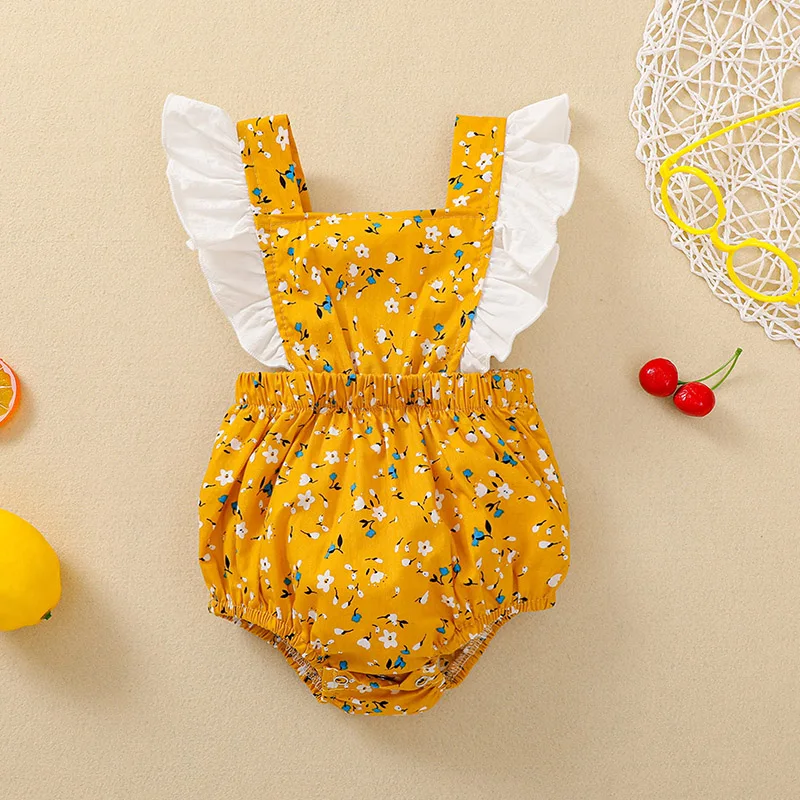 

Новый стиль 2021, лидер продаж, комбинезон для новорожденных без рукавов, с цветочным принтом и оборками, украшение, эластичная лента, летняя о...