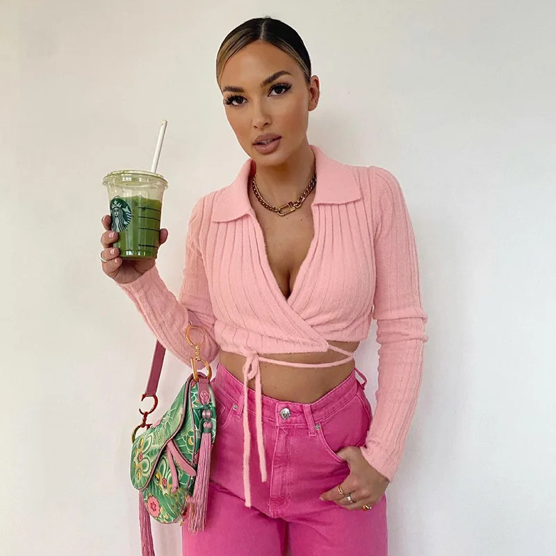 

Women's 2021 new fall fashion lapel cross tether knit v-neck crop top women